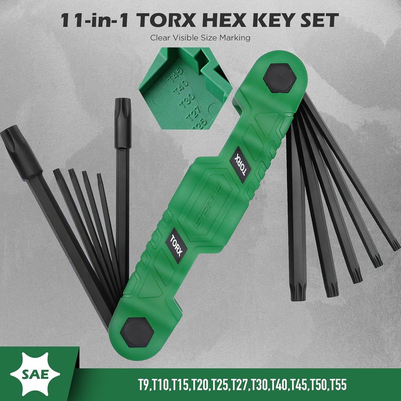 SEDY 11-Piece Large Folding Torx Key Set (T9–T55), Heavy Duty Folding Star Wrench Set, Portable Compact Tool for Archery, Bike Repair, Furniture, and Basic Home Maintenance(Green) - Image 3